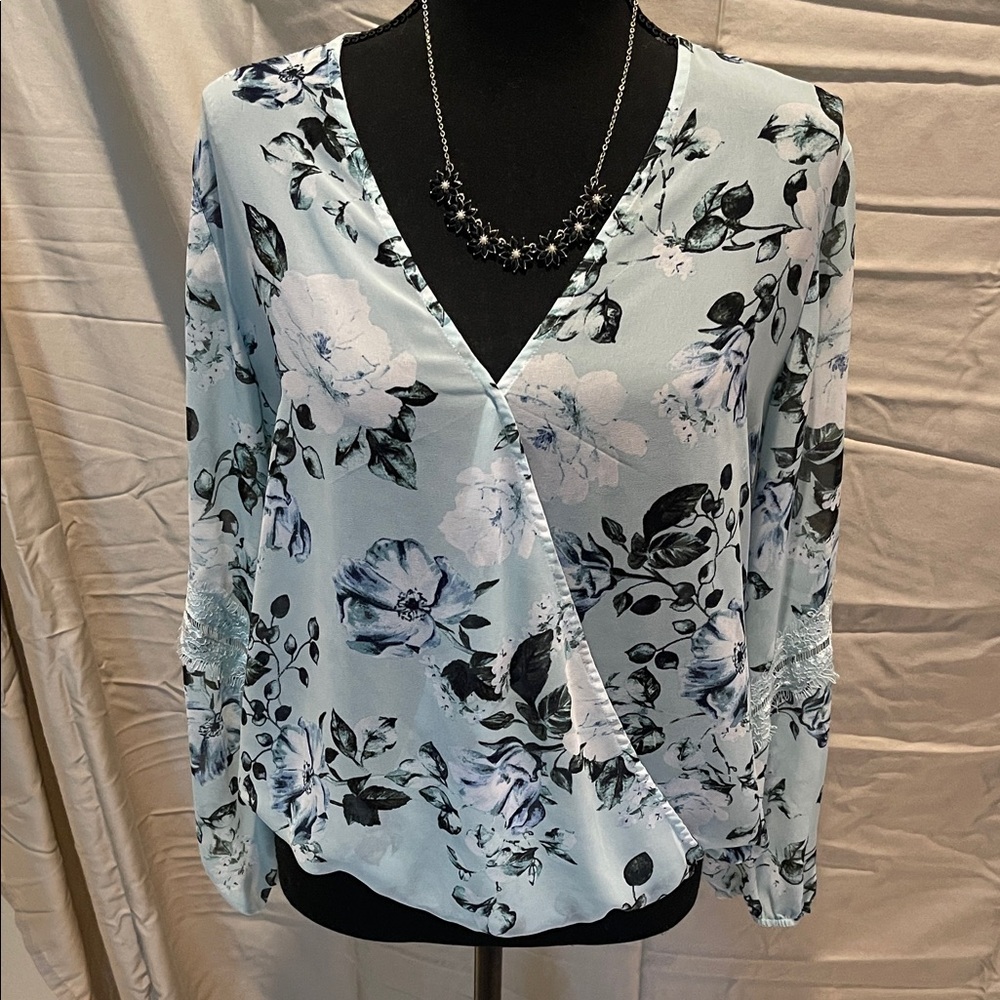 Floral V-Neck Wrap Blouse - light teal